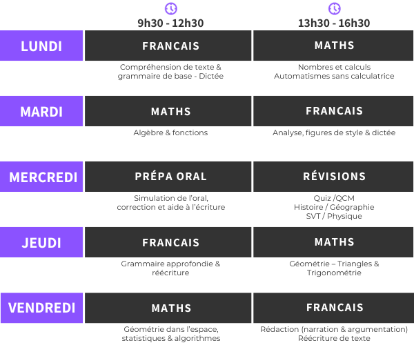 Programme du stage de préparation au Brevet des collèges organisé par SCOL’UP à Cugnaux